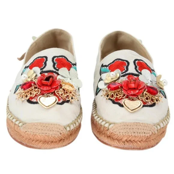 Dolce&Gabbana Pearl Espadrille 39 Floral Embellished Fabric Flats DG-0525N-0218